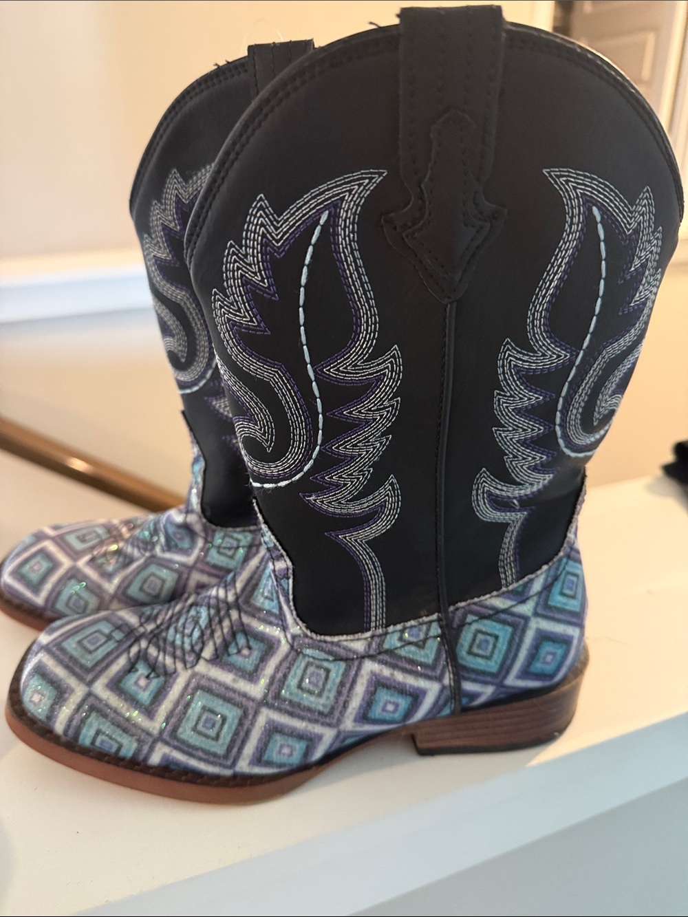 Little Kids girls Black Teal sparkle Western Cowgirl Boots cowboy USA 3 three